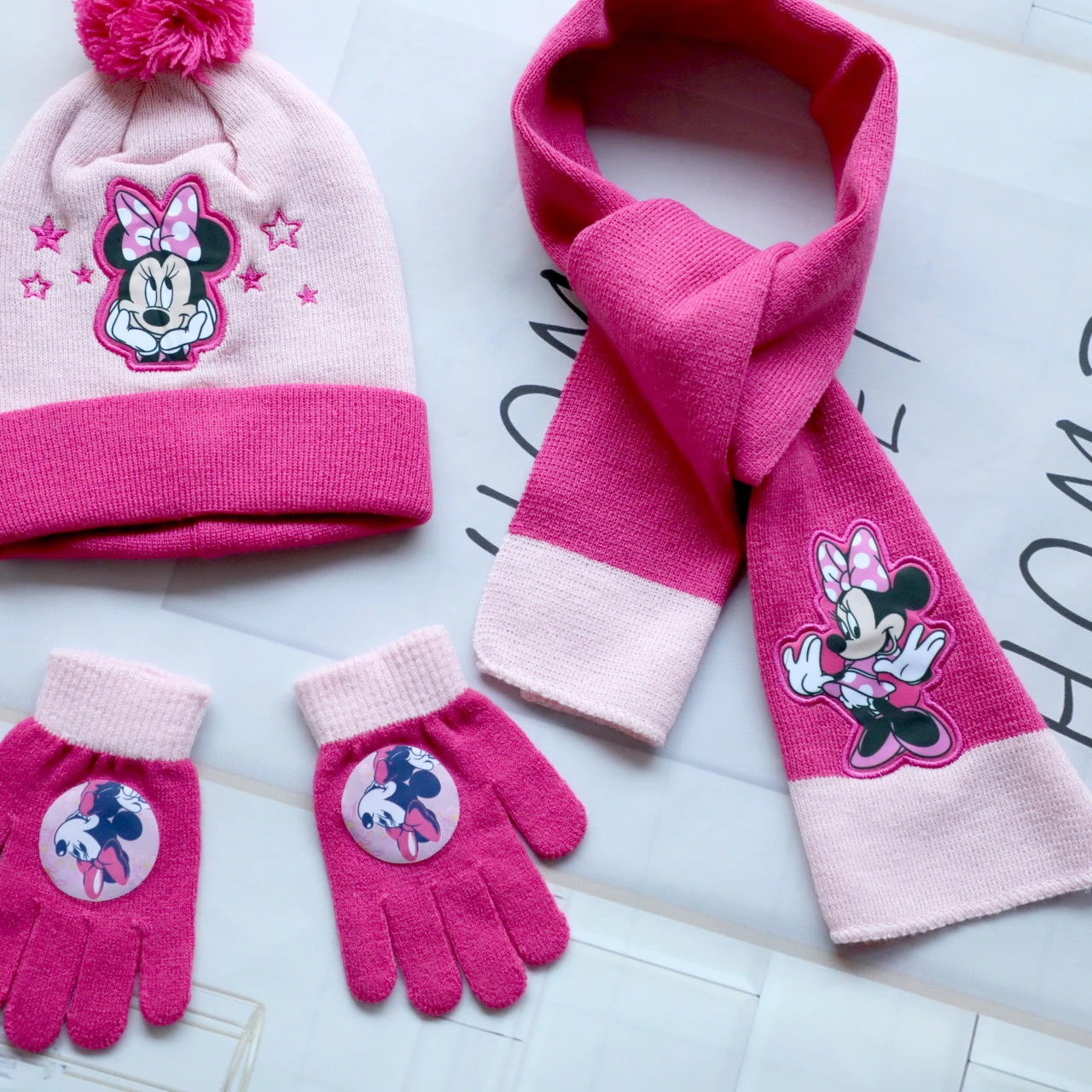 Disney New Autumn and Winter Cute Children Minnie Cartoon Scarf Hat Glove three-piece Warm Boy Girl Child Christmas hat Gift