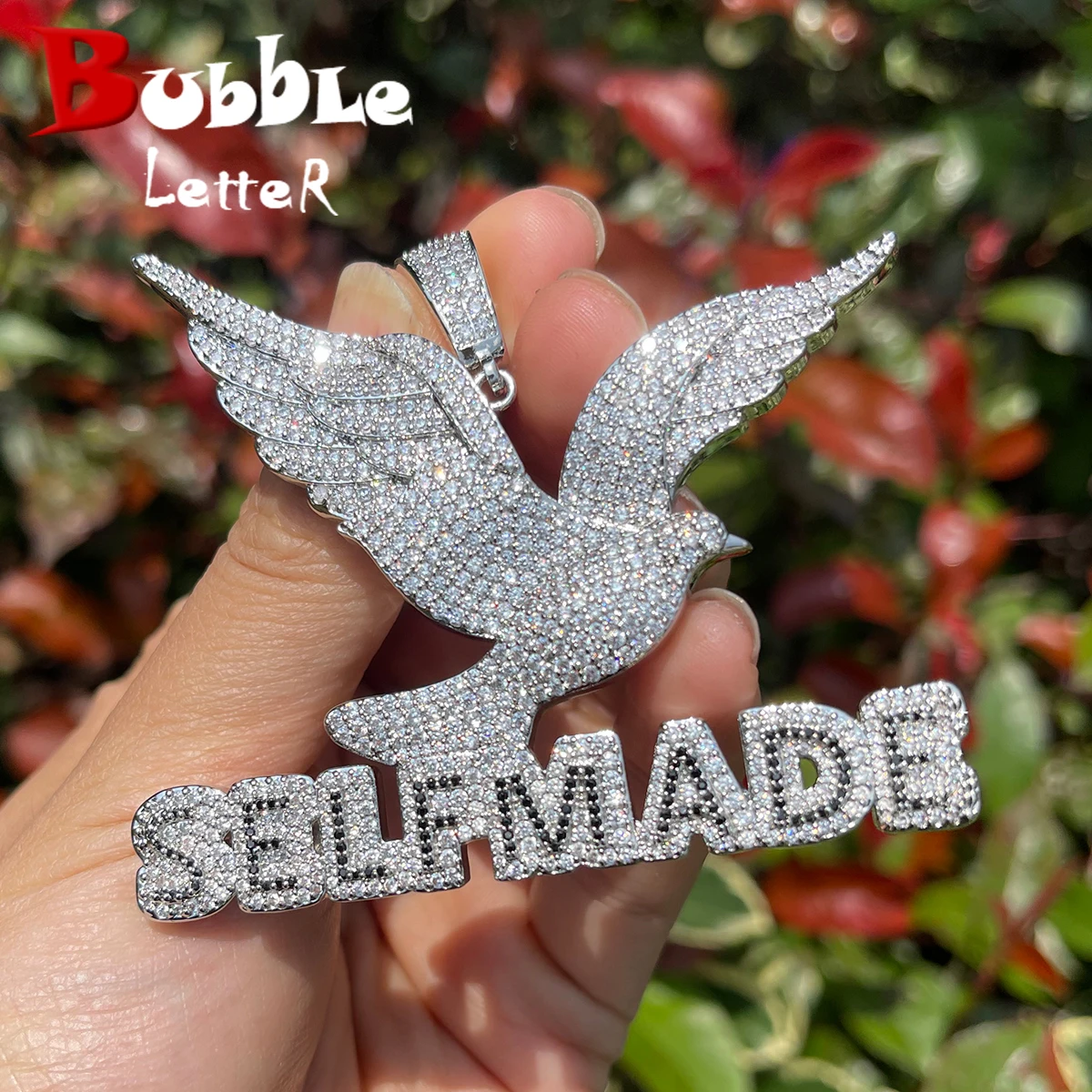 Bubble Letter Self Made Peace Dove Necklace for Men Iced Out Prong Setting Pendant Cubic Zirconia Hip Hop Jewelry