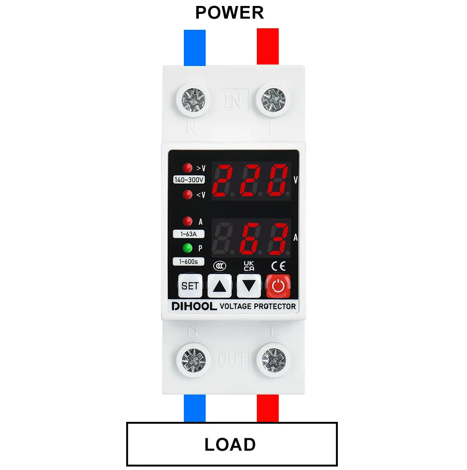 DIN Rail Adjustable Over Under Voltage Current Protective Device AC220V/110V 1-63A Delayed Self Recovery Voltage Protector