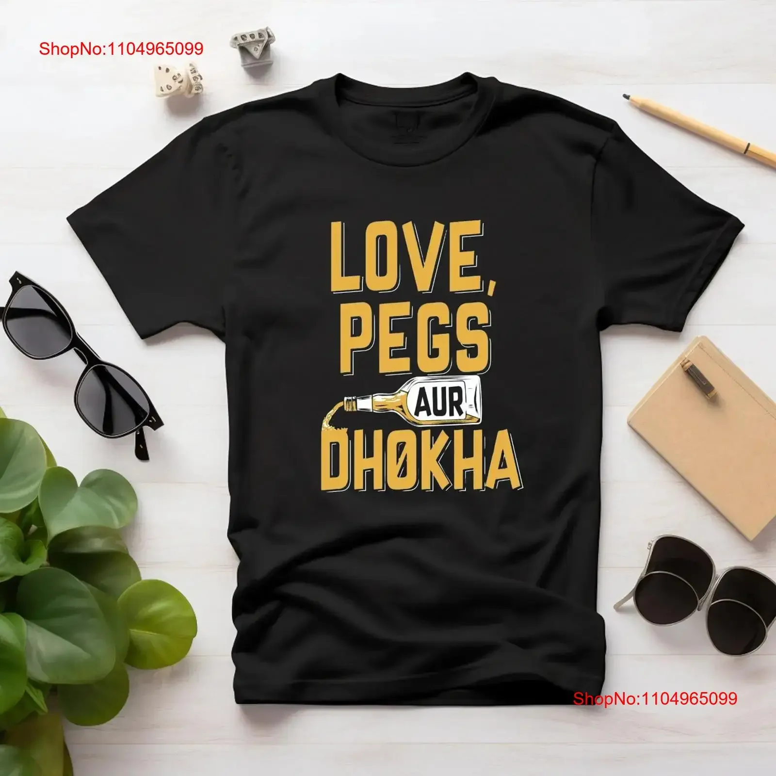 

Love Pegs aur Dhokha I Desi Bollywood dialogue Indian movie funny T Shirt l South Asian Drinker vintage Washed Stylish