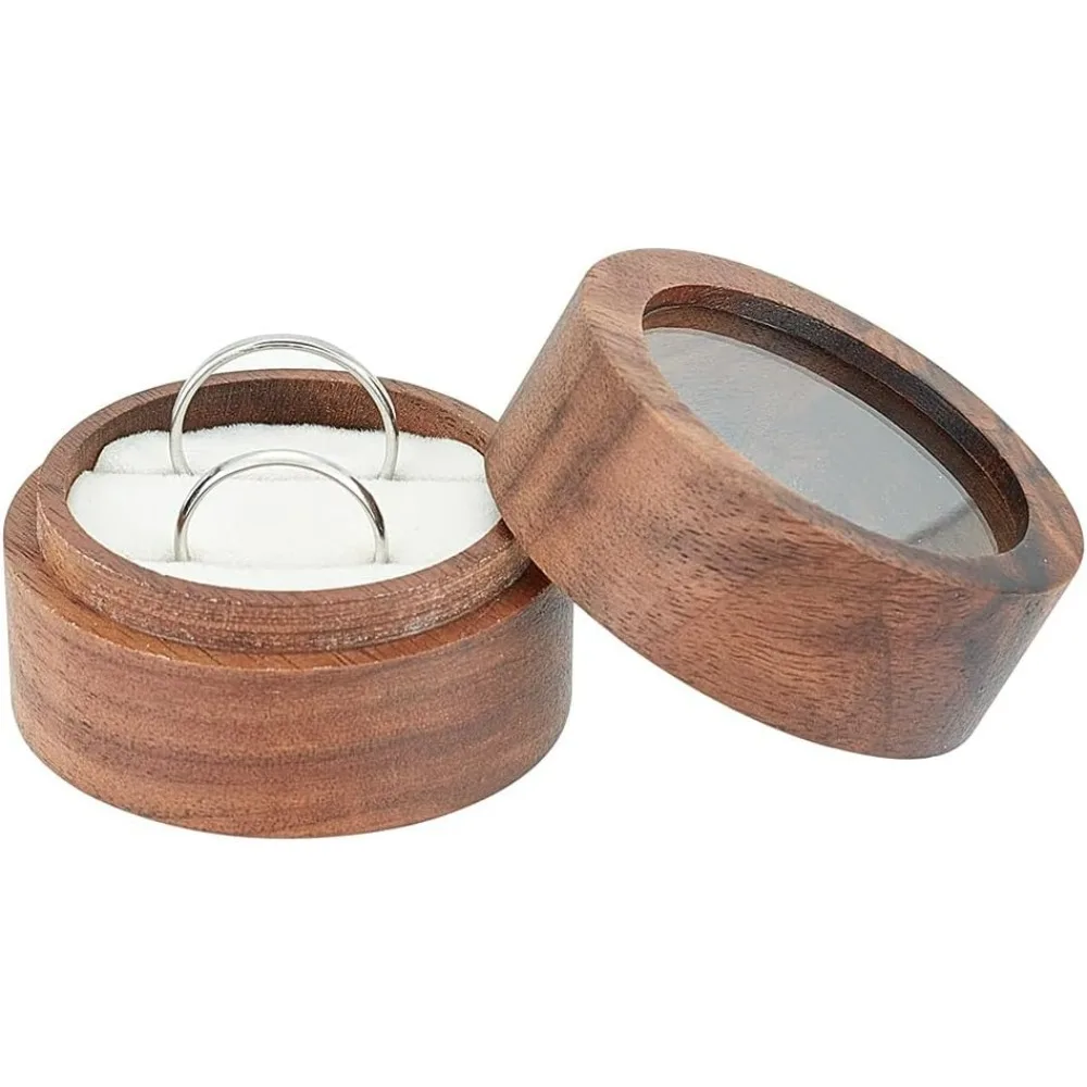 Wooden Ring Box 2 Slots Round  Organizer with Clear Window Wooden Engagement White Velvet Small Bearer Case Double