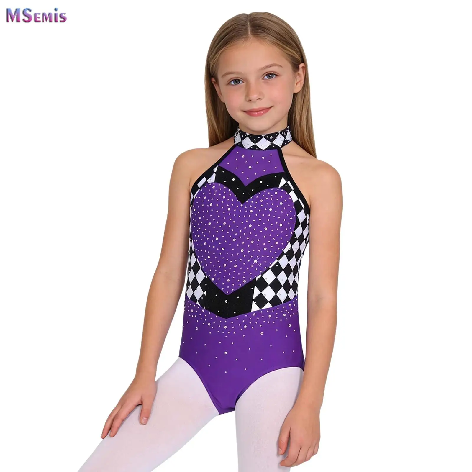 

Girls Checkerboard Leotard Heart Queen Dress Up Costume Shiny Rhinestones Sleeveless Ballet Bodysuit for Cosplay Theme Party