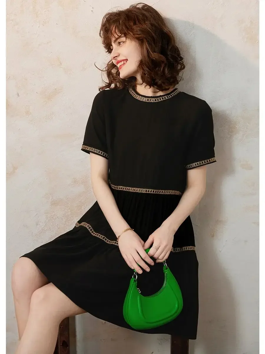 LOUIS YAO Women Dress 2024 Summer Casual Elegant Round Neck Short Sleeve Webbing Loose Fit A-LINE Black Short Dress