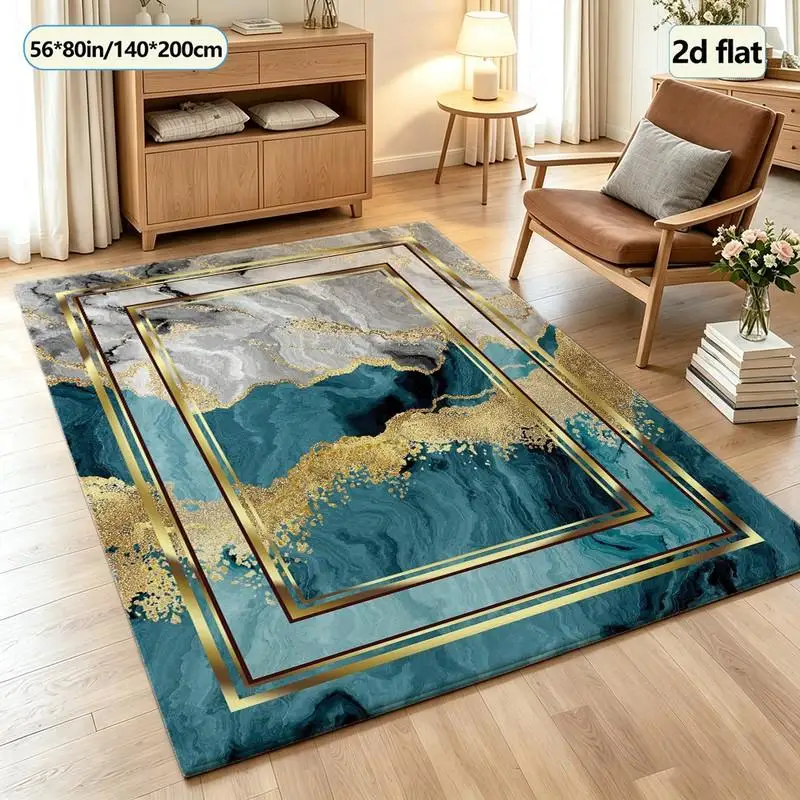 Teal Green and Gold Marble Texture Carpet Modern Luxury Square Carpet Suitable for Home Living Room Home Decoration