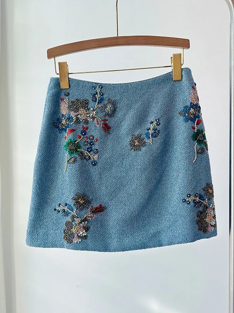 Summer New Sweet Lady Beading  Sequined Embroidery A-Line Skirt Elegant High Waist Wrap Skirt Office Women Fashion Skirt Skirts