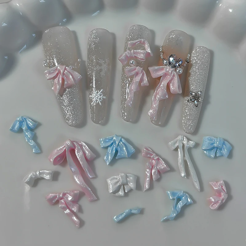 48/72개 네일 새틴 라이트 네일 참 보우노트 주얼리 소프트 카빙 레진 보우 타이 네일 아트 데코레이션 리본 보우 라인스톤