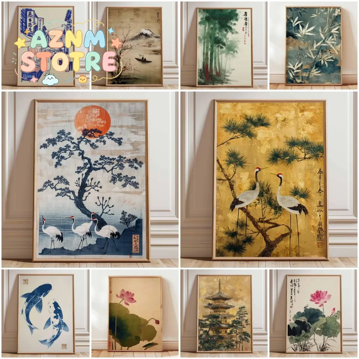 Japanese Red Sun and Pine Tree Print, Crane Poster, Vintage Ukiyo-e Wall Art, Traditional Japanese Artwork, Oriental Home Dec