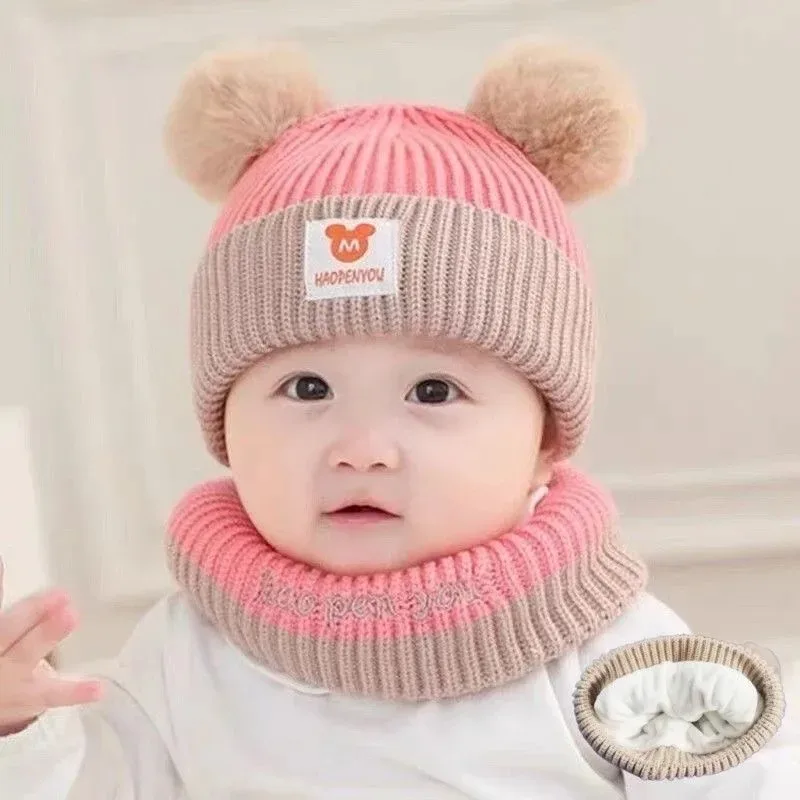 1-5PCS Toddler Knitted Hat with Neck Warmer Thickened Ear Cover Cute Pom Pom for 1-3 Years Kids Boys Girls Winter Outdoor