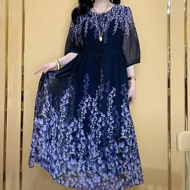 Casual Fashion Broken Flowers Midi Dress Commute A-Line Waist Women's Clothing Round Neck Summer New Half Sleeve Elegant Dresses