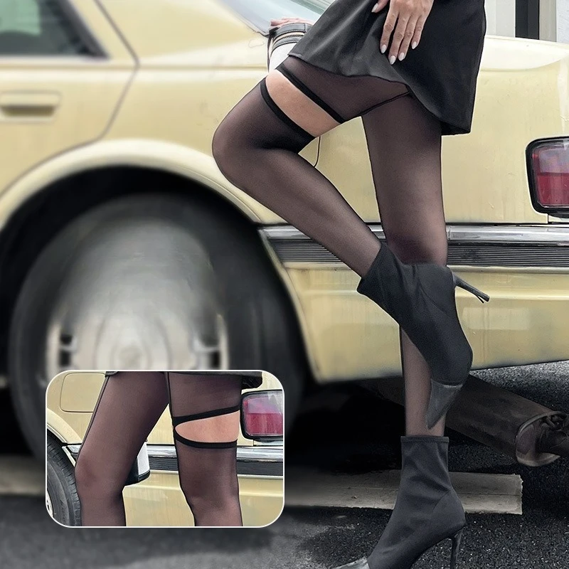 

2025 New European Striped Tights Sexy Black Sheer Pantyhose Separate Leg Design Black Color Breathable Thin Stockings for Women