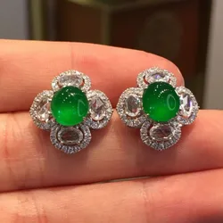 Classic Natural Chalcedony Vintage Green Flower Earrings for Women Crystal Exquisite Earings Stud Charms Original fine Jewelry