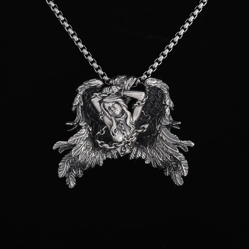 New Brand Design Winged Angel Chain Pendant Necklace Vintage Punk Male Female Half Body Half Feathered Wings Pendant Necklace