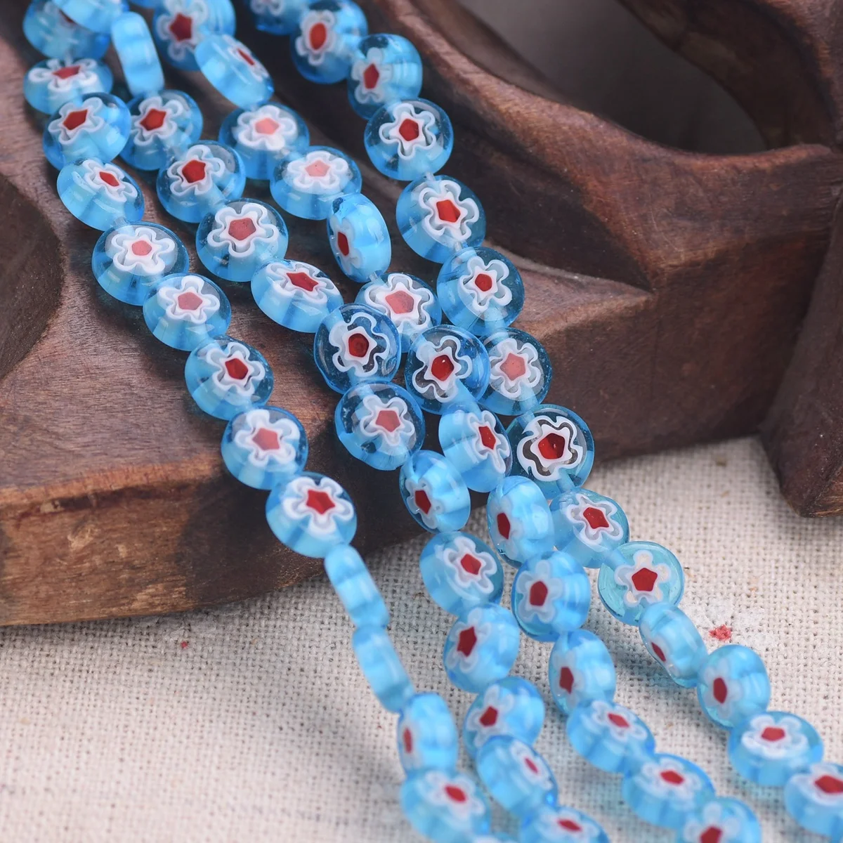 45pcs(1 Strand) Flat Round 8mm Lake Blue Handmade Millefiori Glass Loose Beads Lot For Jewelry Making DIY Crafts Findings