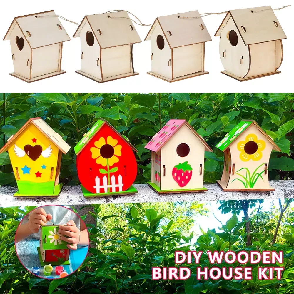 Colorful DIY Wooden Birdhouse Kits for Kids Arts Crafts Painting Hand-on Ability Cultivation Birdhouse accesorios para pajaros