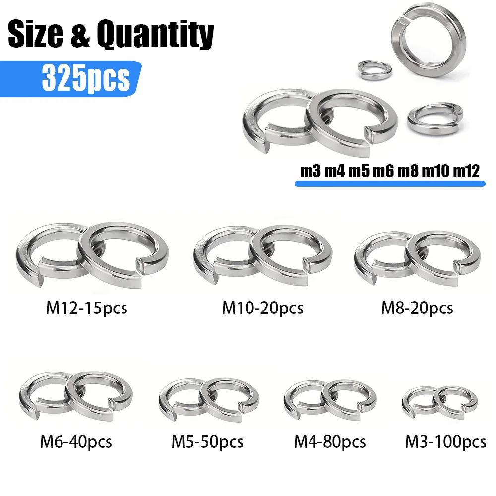 325-Piece Stainless Steel Spring Washer Set, M3 M4 M5 M6 M8 M10 M12, Suitable for Bolts and Screws, Enhancing Screw Tightening.