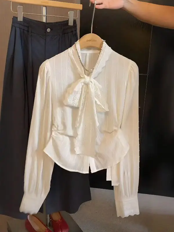 

Ele Lace Splice Knot White irt Women's Loose Spring Summer Lazy Sle French Sle Long Sve Breathable irt