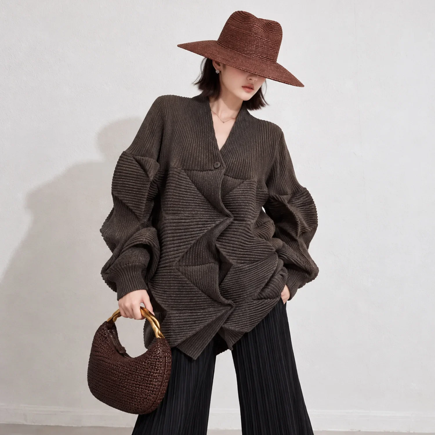 Miyake Women 3D Geometric Pleated Blouse, V Neck Bubble Long Sleeve Loose Fashion Textured Shirt