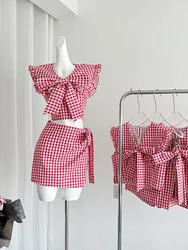 Summer Women Mori Girl Vacation Rave Plaid Outfits 2 Piece Set Kawaii Sleeveless Bow Crop Tops + Hot Mini Skirts Korean Fashion