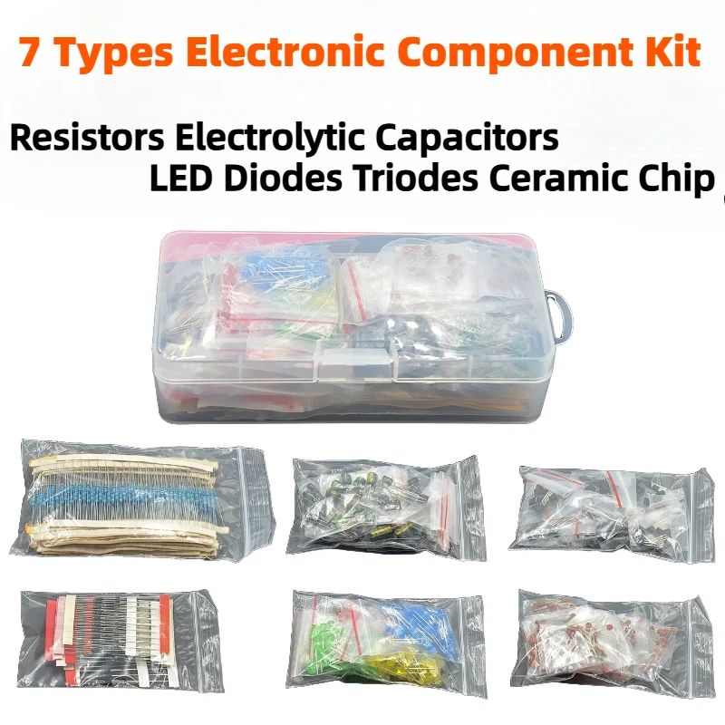 

Electronic Component Kit 7 Kind Metal Film Resistor Assortment Led Diodes Electrolytic Capacitor Ceramic Set Transistor Pack DIY