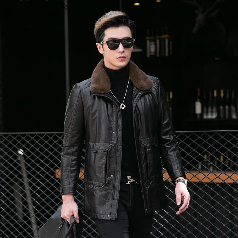 Tcyeek Natural Cowhide Real Leather Jacket Men Mid-length 90% White Duck Down Coat Mens Clothes Trendy Detachable Liner 가죽점퍼
