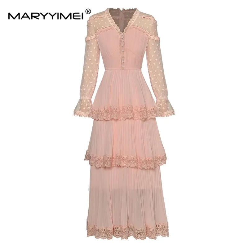 MARYYIMEI-Vestido elegante em camadas de renda feminino, vestidos plissados finos, decote em v, manga comprida, primavera, moda verão