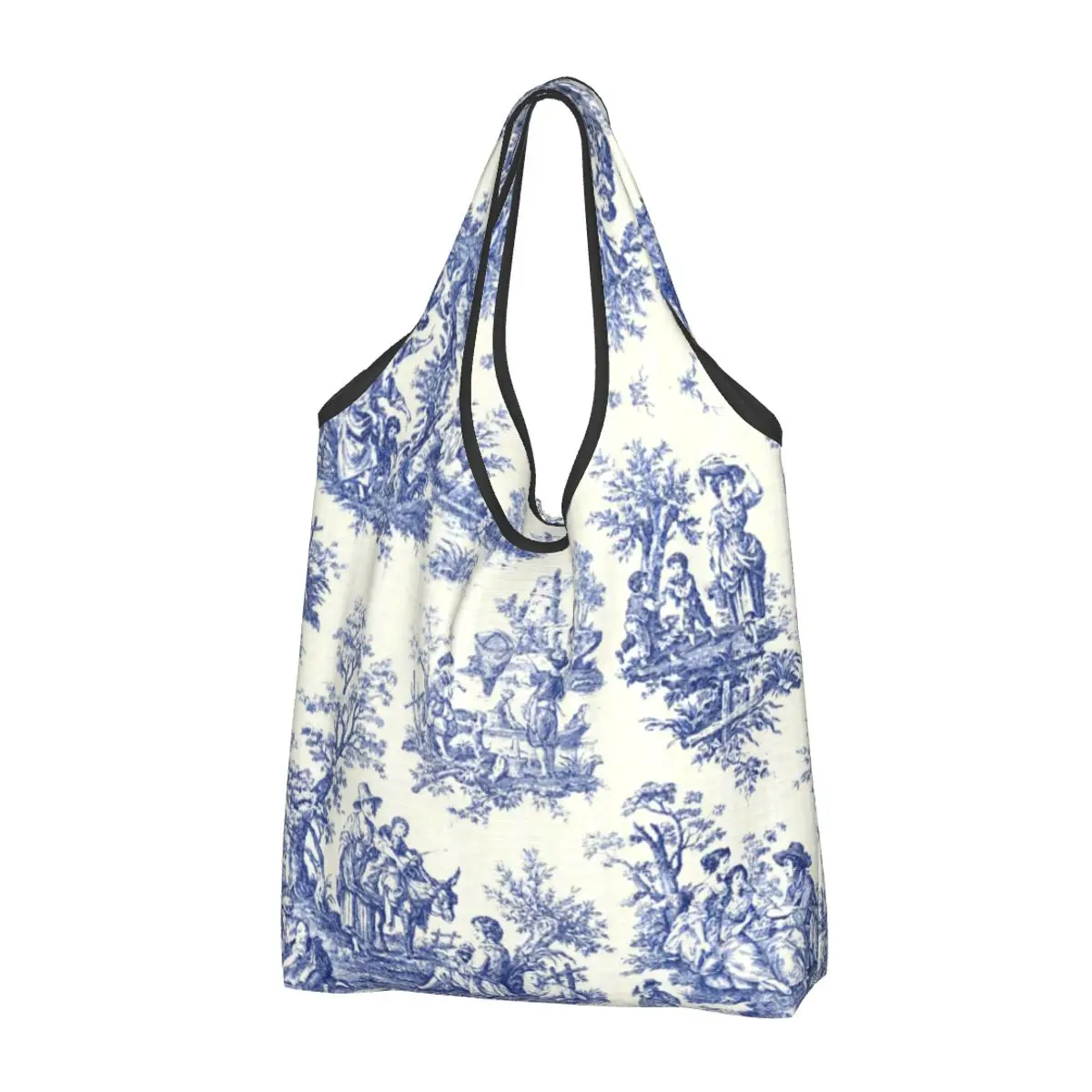 French Navy Blue Toile De Jouy Motif Pattern Shopping Tote Bags Portable Shopper Shoulder Traditional France Art Handbag