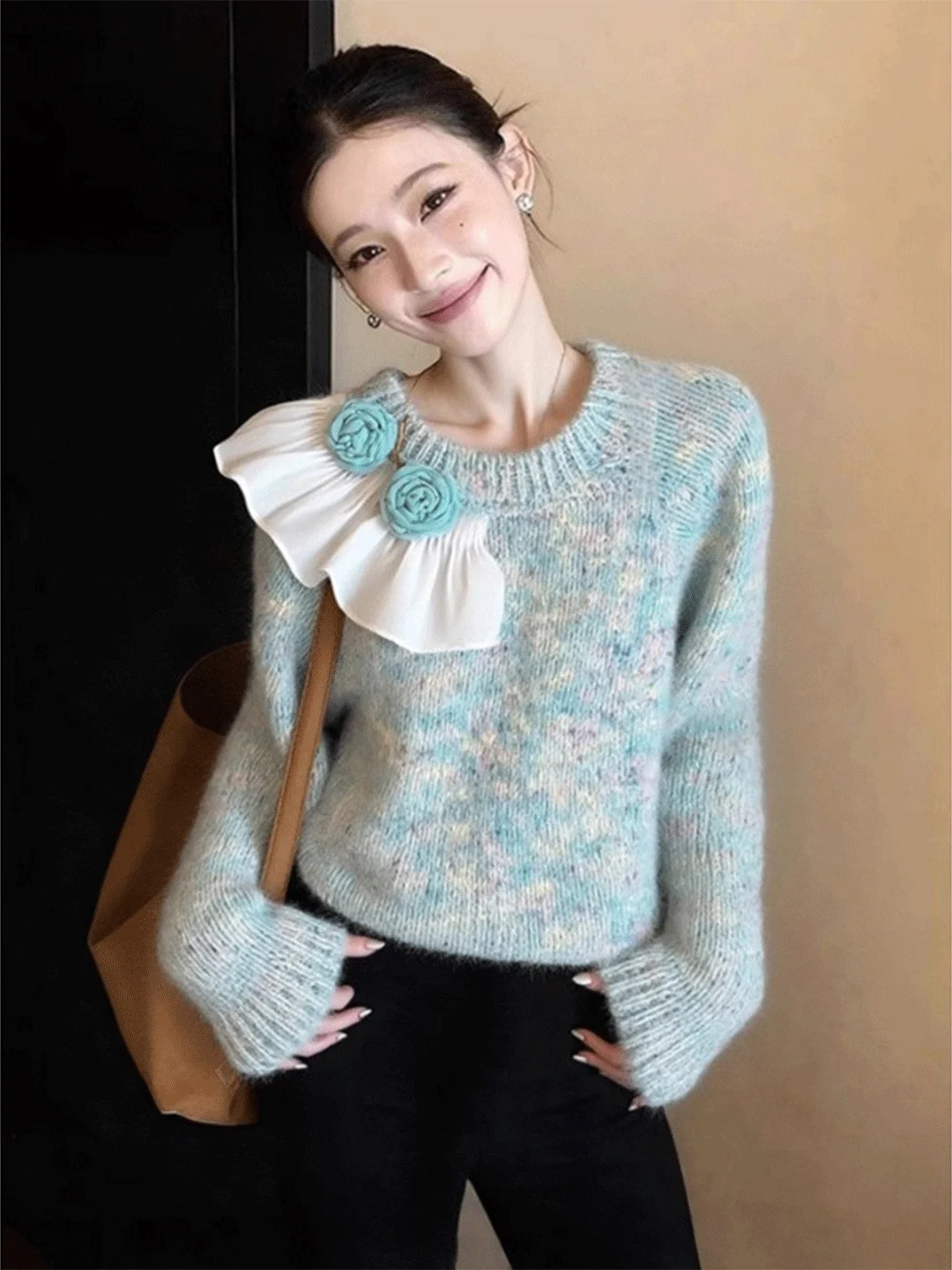 

een Floral Knit Sweater Women's Waist-Cinching Luxury Lightweight Autumn Winter Faion Commute Sle Long Sve round Ne