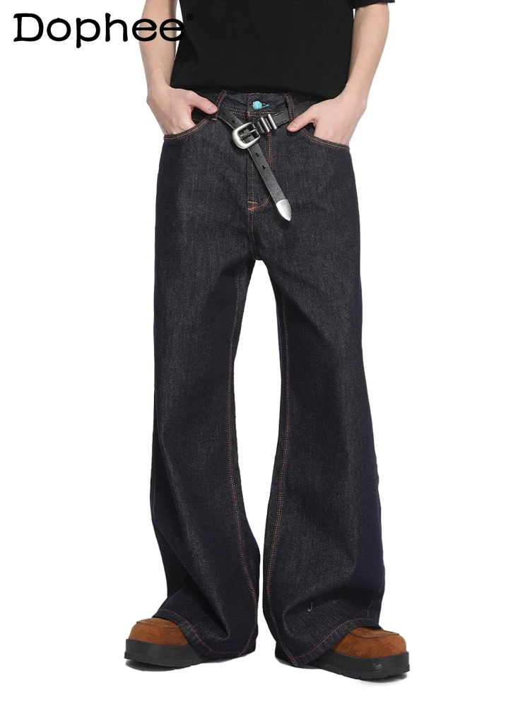 

Мужские свободные прямые джинсы в стиле ретро, осень 2021, джинсовые брюки с пуговицами из искусственного драгоценного камня, мужские стильные джинсовые брюки с карманами и украшением