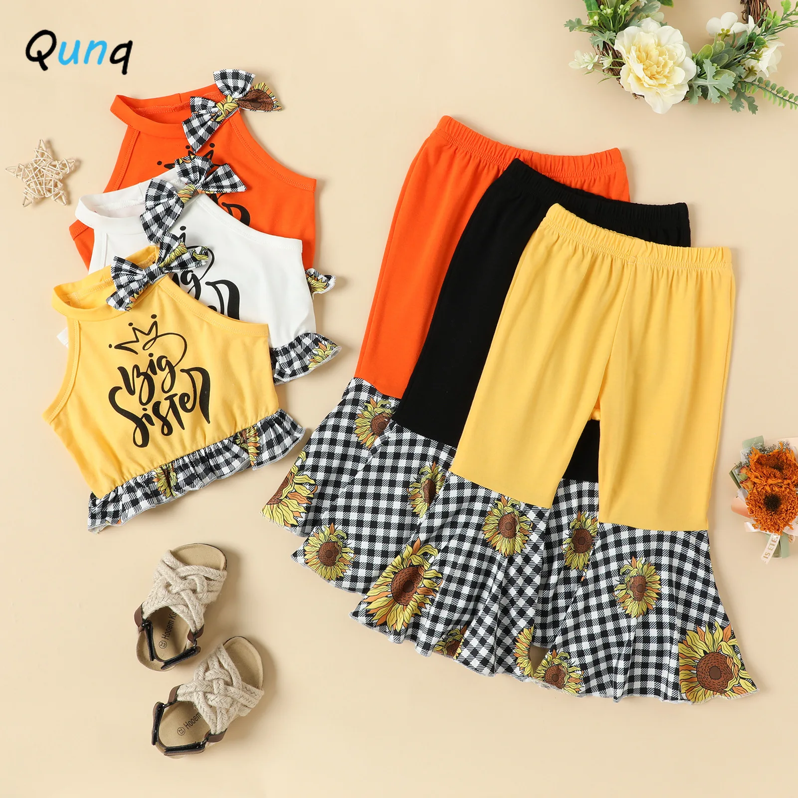 

Qunq 2022 Summer Girl Bowknot Letter Print Sleeveless Vest Top + Flared Trousers 2 Piece Set Sweet Casual Kids Clothes Age 3T-8T