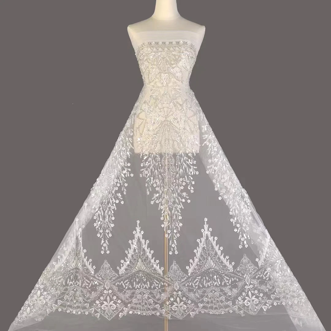 

New fashion french tulle mesh embroidered bead tube sequins, beautiful pattern design lace haute couture wedding dress