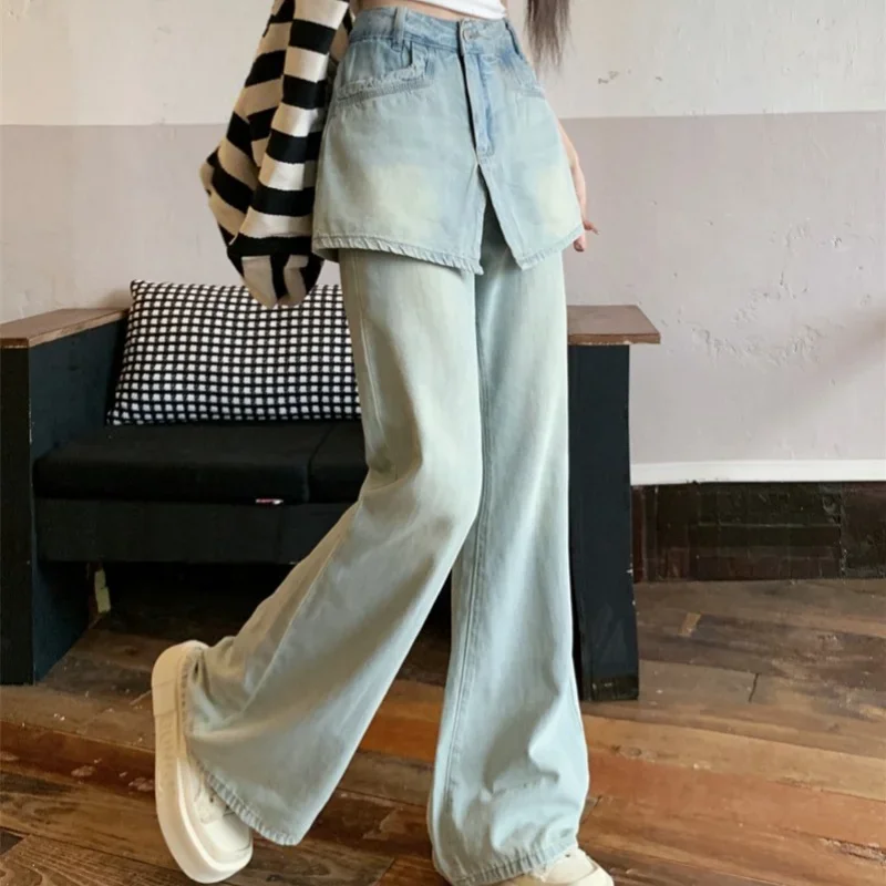 Fake Two Pieces Splicing Flared Jeans Women Retro Straight Leg High Waist Solid Color Office Lady Versatile Denim Pants Female