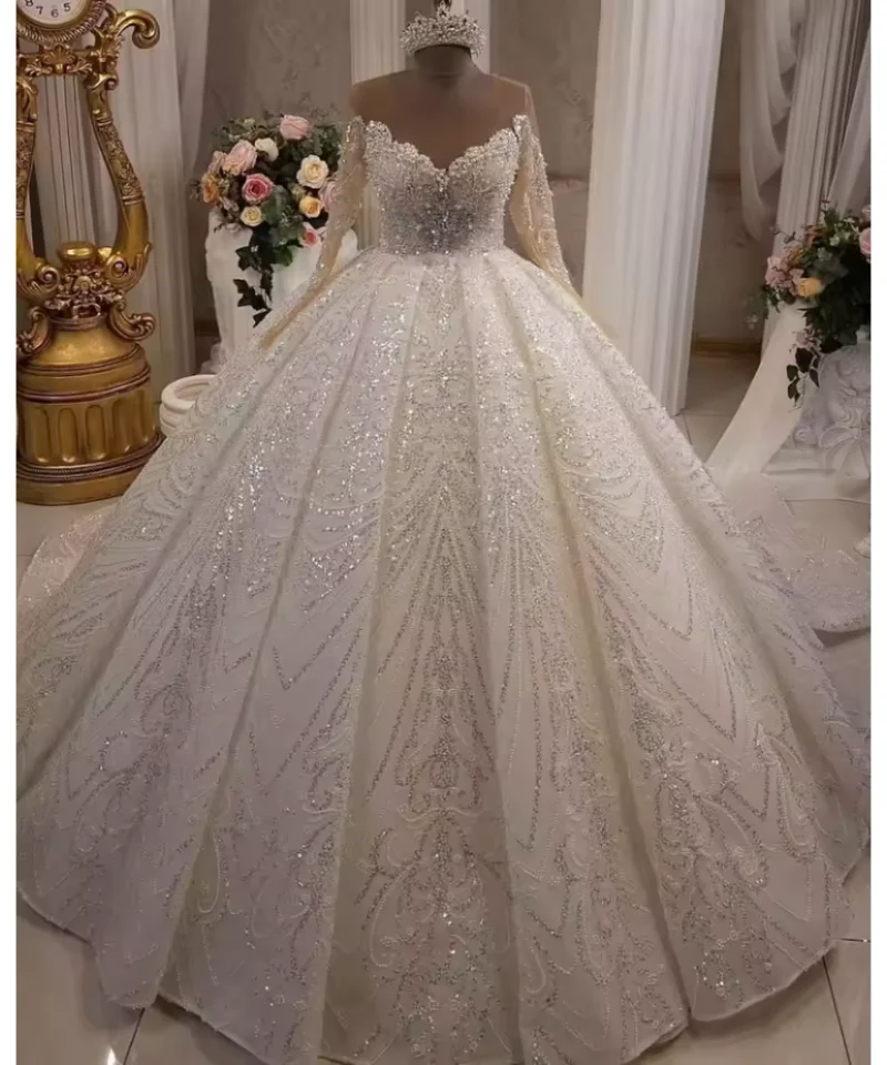

Customized Luxury Shiny Long Sleeve Wedding Dress Transparent V-neck Beaded Glitter Wedding Vest Bridal Ball Dress