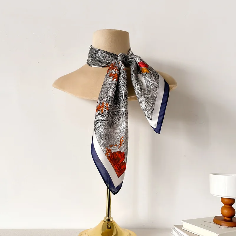 65x65cm Pure Silk Neck Scarves Woman Mexico Style Ethnic Vintage Print Square Scarves Ladies Winter Designer Accessories