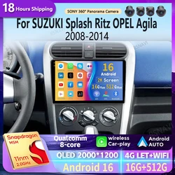 Android 16 Carplay Auto 2K Screen Car Radio BT Multimedia Player For SUZUKI Splash Ritz OPEL Agila 2008 - 2014 Autoradio Stereo