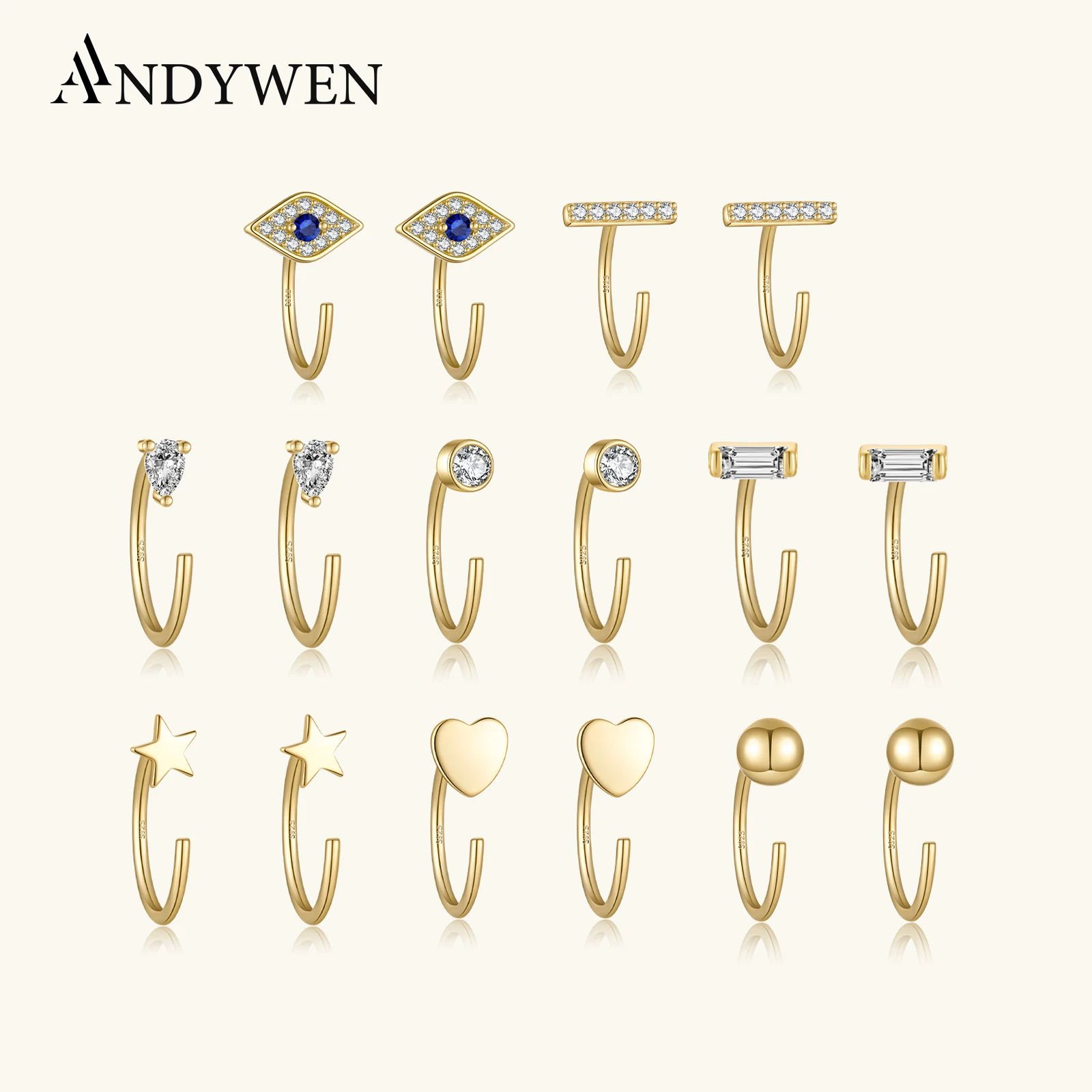 ANDYWEN 925 Sterling Silver Zircon Round Ball Star Heart Stud Earring No Clips No Butterfly Buckle Thread Earing Fine Jewel