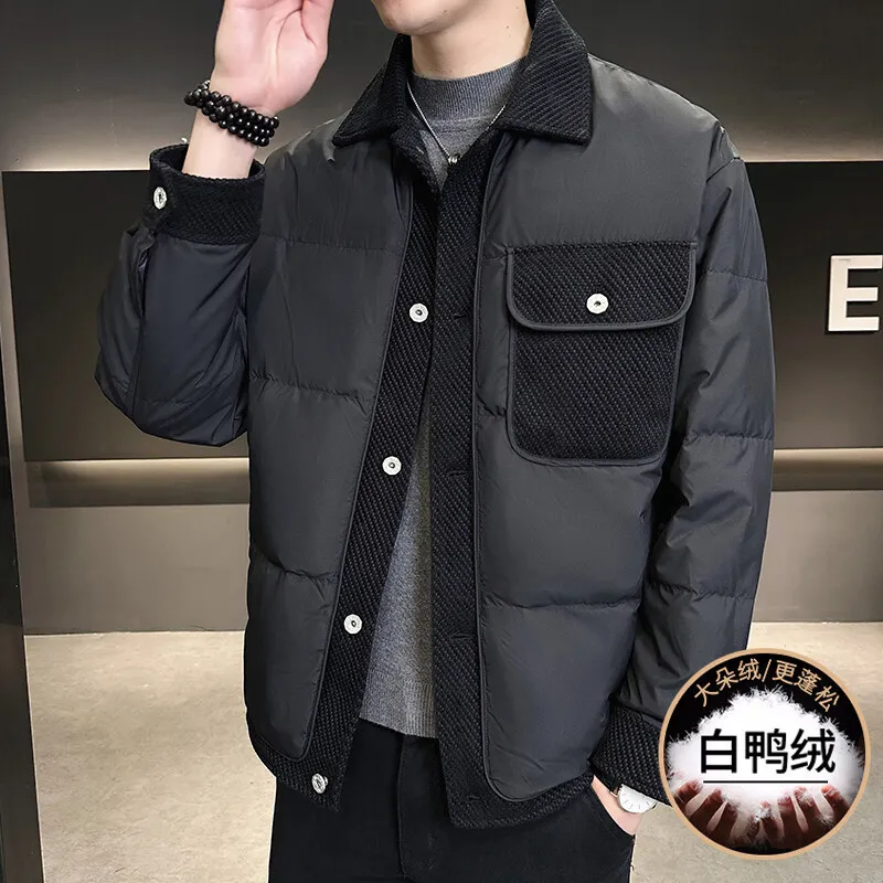 2025 Men's, Lapel, Striped Color Matching Big Pocket Fashion, Casual Down Jacket