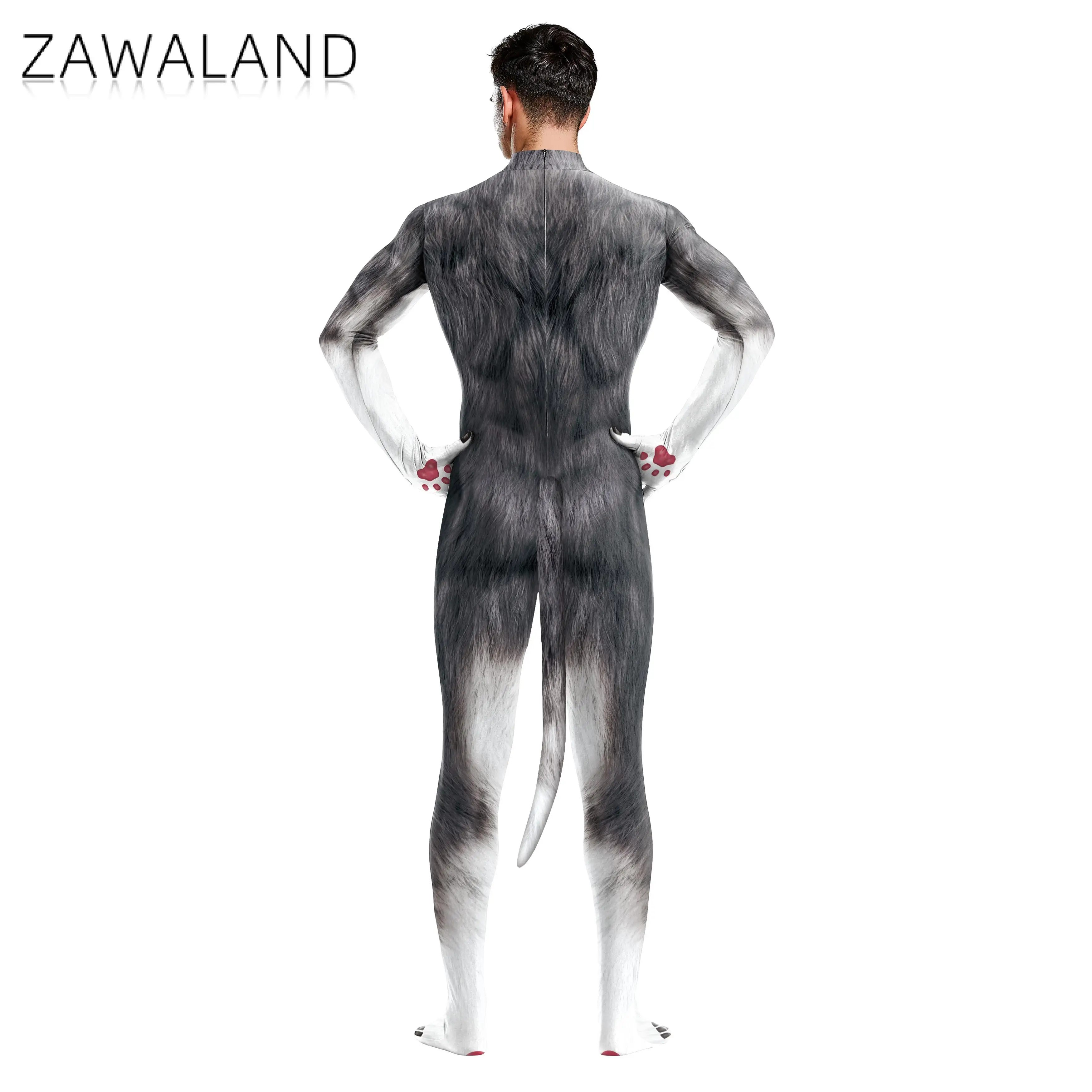 Disfraces de Cosplay de lobo para Halloween, mono con estampado 3D de animales para adultos, cubierta completa Zentai, Catsuit de Bondage de cola, Unisex