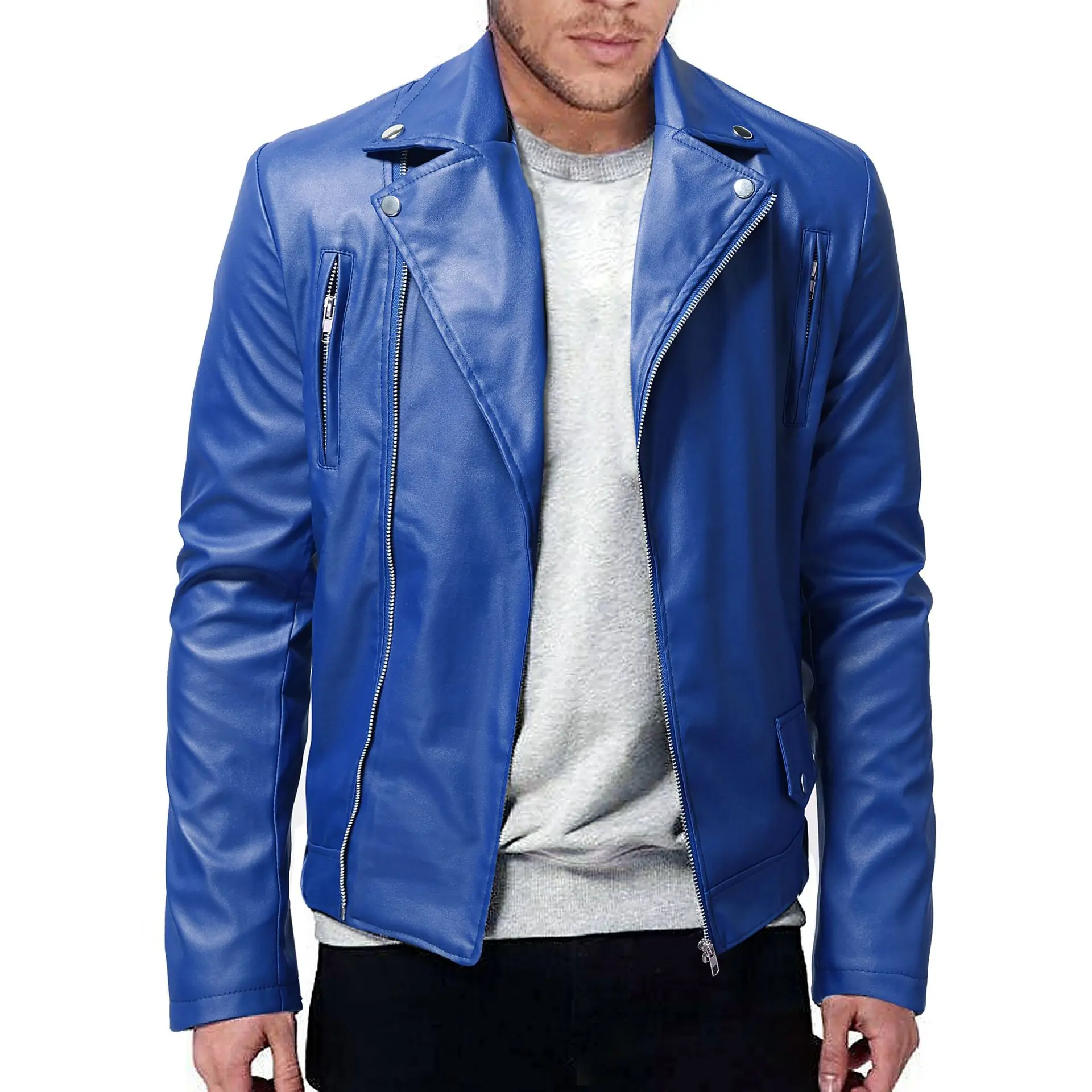 2024 Men\'s Oblique Zipper Casual PU Leather Jacket Youth Fashion Suit Collar Leather Jacket