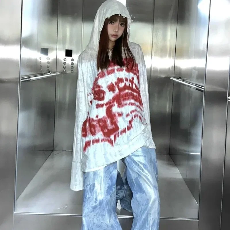 

Harajuku American Vintage Hole Hoodies Y2k Aesthetic Letter Print All Match Punk T Shirts Streetwear Hip Hop Women Clothes