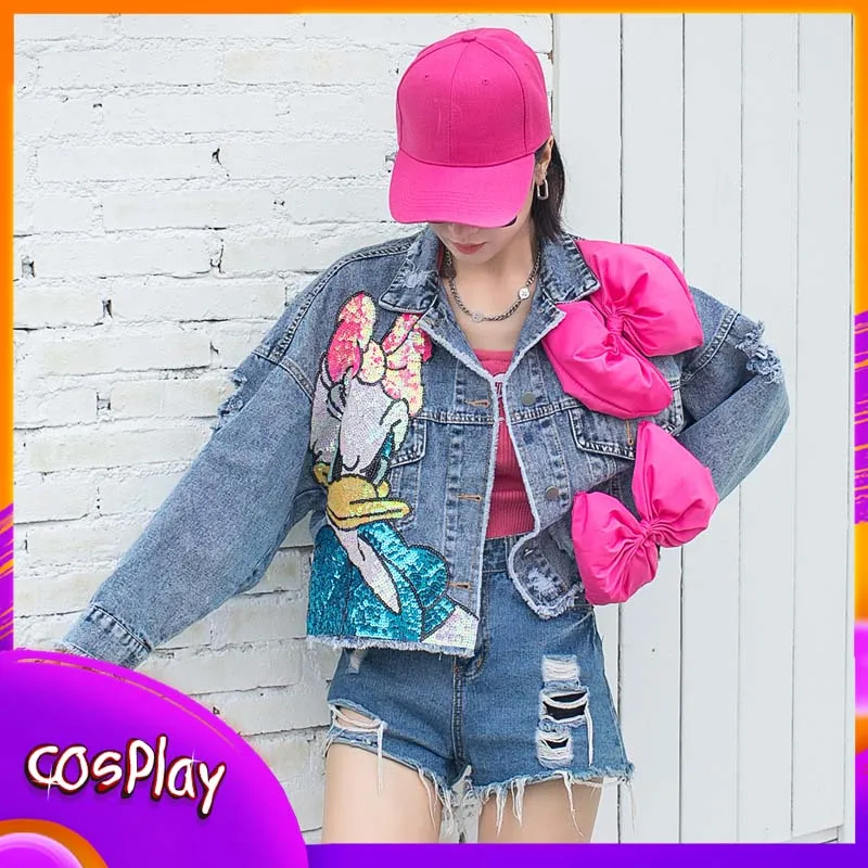 

Disney Donald Duck Denim Jacket Fashionable Retro Printing Lapel Long-Sleeved Coat Loose Cartoon Top Female Gift Woman Clothing