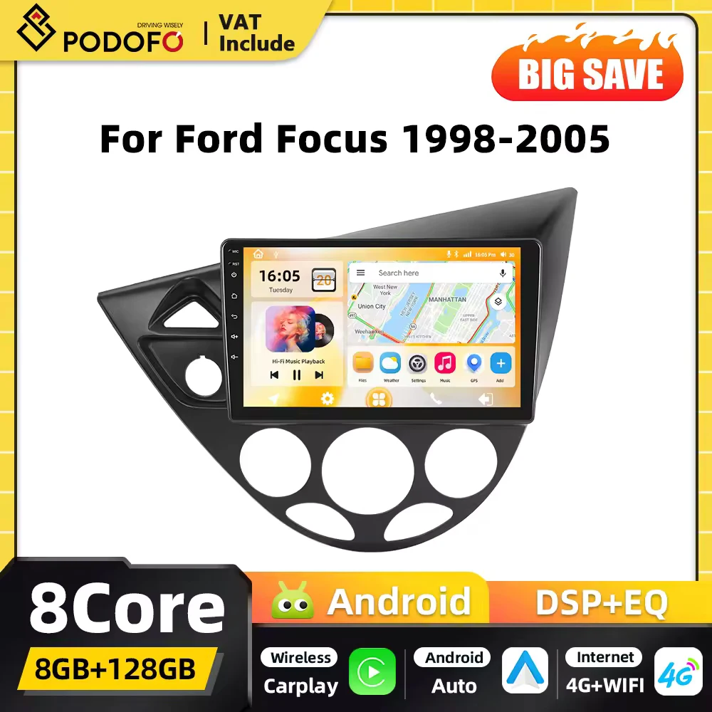 Podofo Carplay 2DIN Android Auto-Multimedia-Player für Ford Focus 1998 1999 2000-2005 8-Kern Android Autoradio GPS 4G WIFI FM RDS