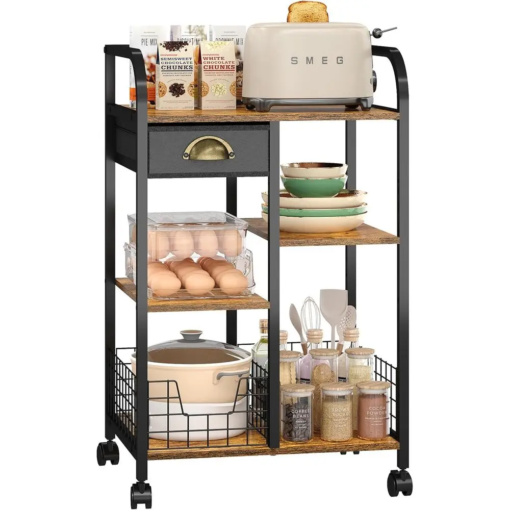 

Microwave Cart with Storage, Kitchen Island Cart with Table Top & Der, 3 Tier Rolling Utility Cart with Adjustable 2 Storage She