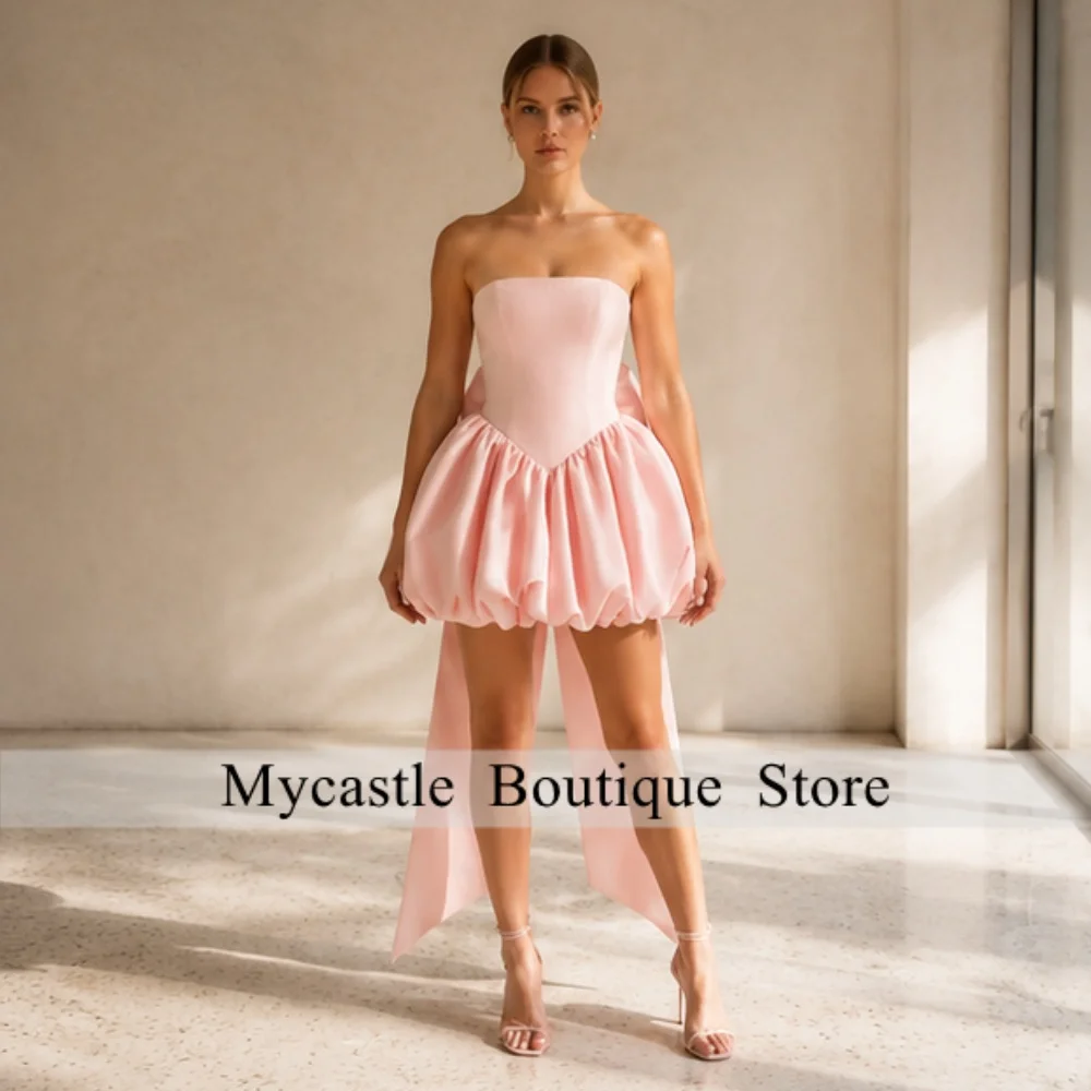 

Blush Pink Strapless Customized Satin Bubble Hem Mini Cocktail Party Dresses with Double Bow Train Formal Gowns Mini Gowns