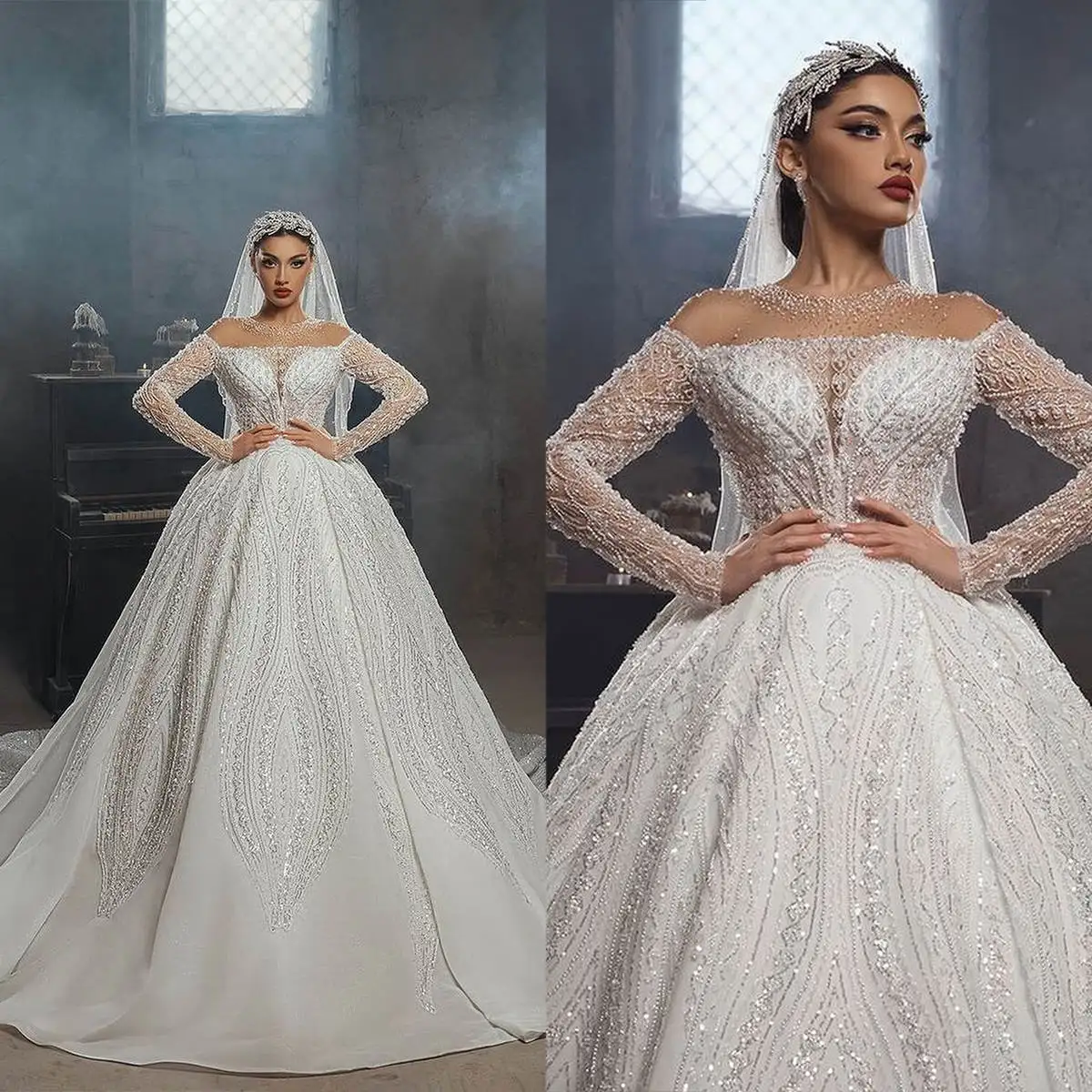 

Luxury Wedding Dress Ball Gown O-Neck Crystal Pearls Sequined Long Sleeve Plus Size Wedding Dresses Vestido De Noiva Custom Made