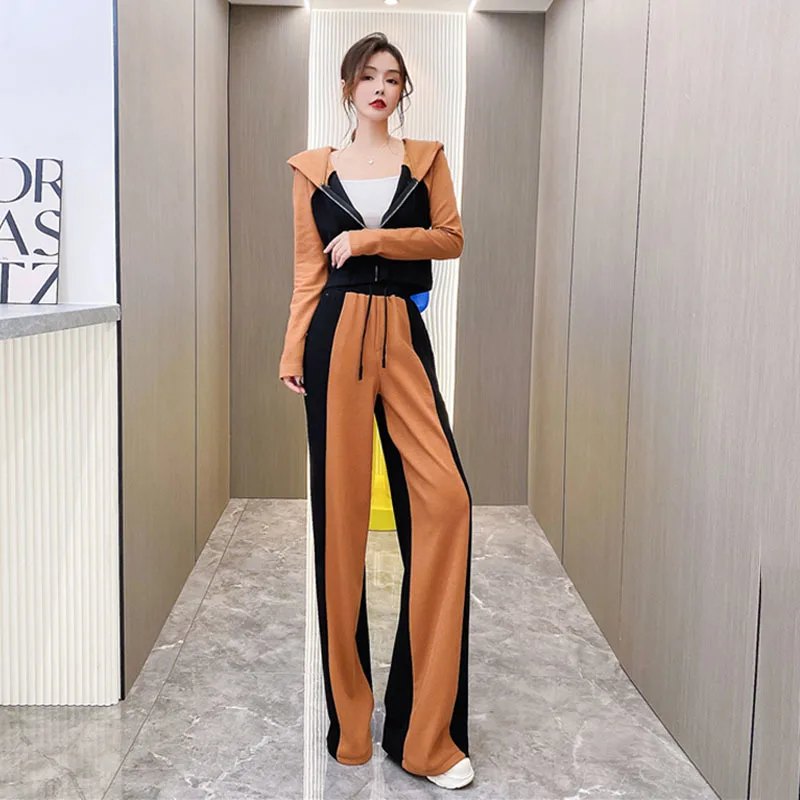 Korean chic casual tracksuit women's Spring autumn 2023 hooded color contrast top+high waist mop pants Two piece sets