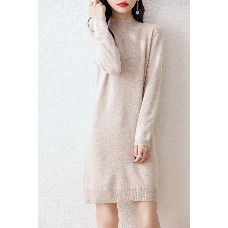 Hot Sale Women 100% Merino Wool Sweater Dress 2023 Autumn/Winter New Female O-Neck Warm Dresses Casual Basic Knitted Jumper