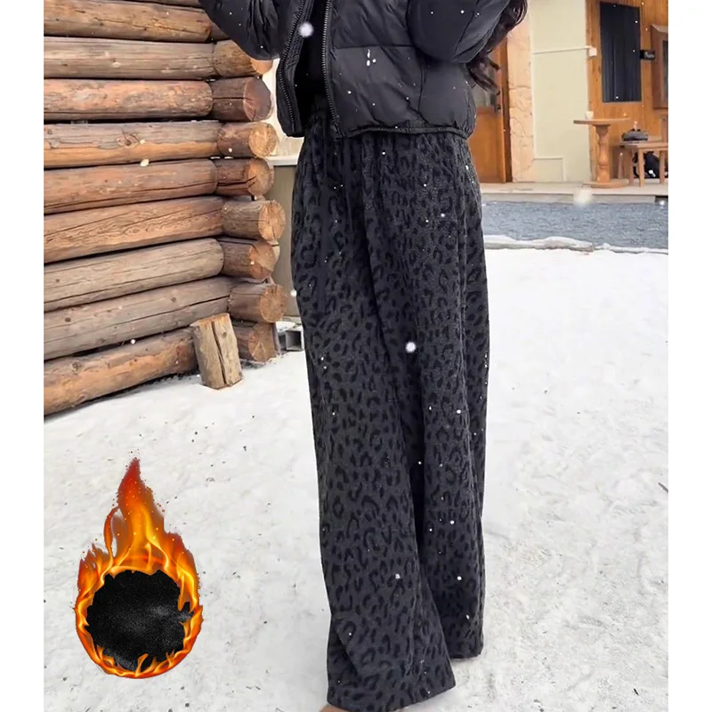 Winter Girls Chic High Waist Thermal Plush Slacks Lady Snow Warm Velvet Pants Women Retro Leopard Print Straight Leg Trousers