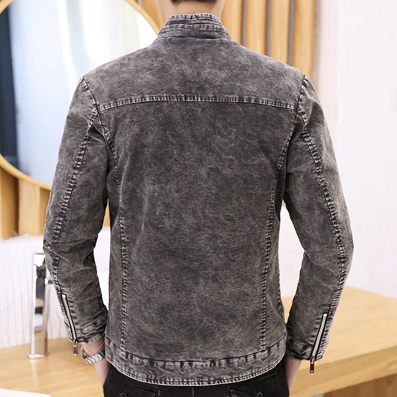 Spring Autumn Men Stand Collar Denim Jacket Fashion Retro Motorcycle Coats Male Long Sleeve Zipper Casual Skinny Jeans Outerwear