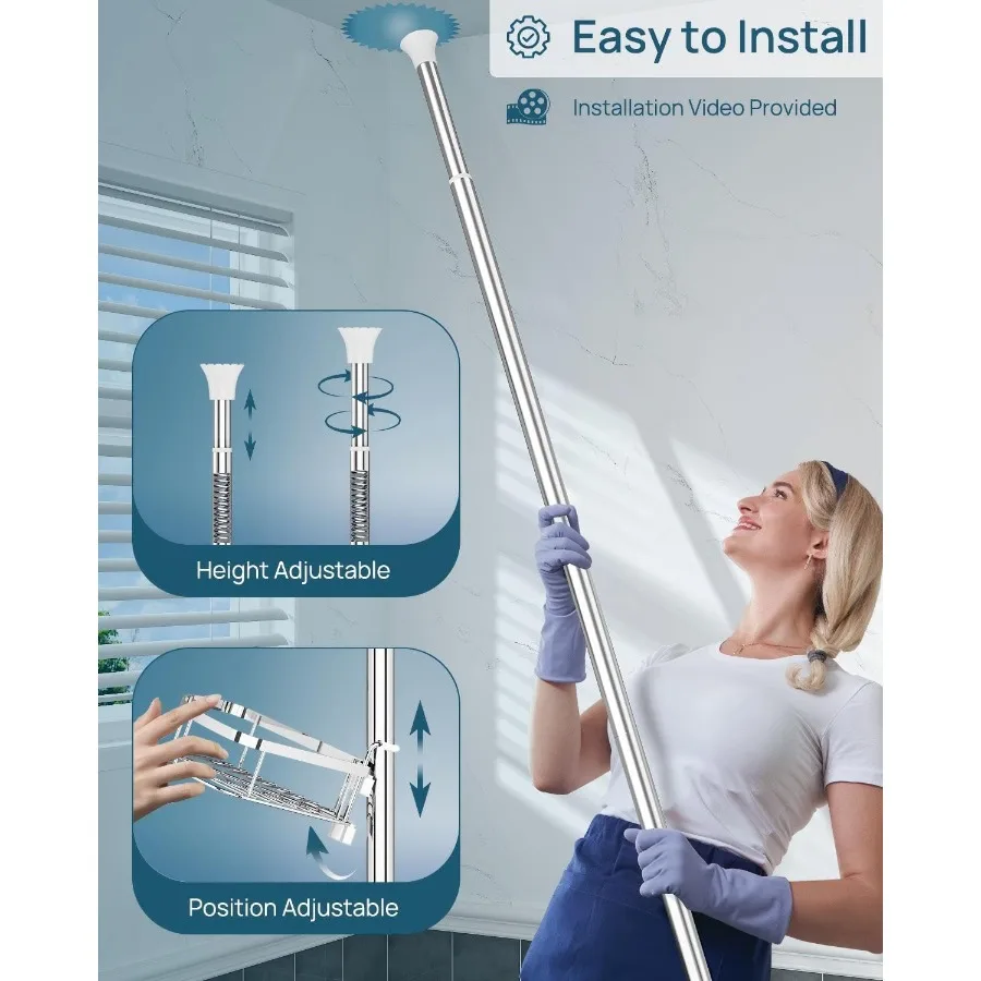 Organizador de canto de chuveiro à prova de ferrugem para banheiro, 4 prateleiras ajustáveis com poste de tensão