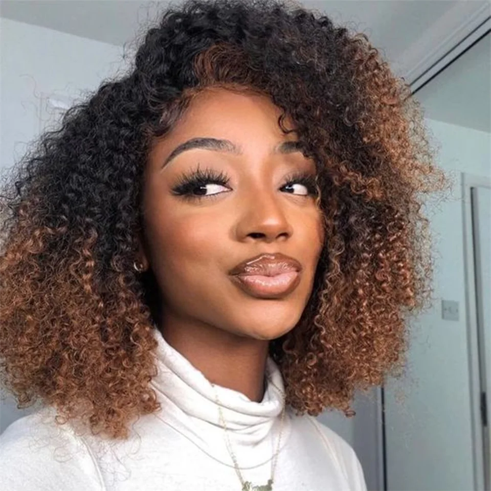 

Short Afro Kinky Curly Bob Human Hair Wigs Ombre Highlight Human Hair Wig With Bangs Ready To Wear Glueless Curly Bob For Women